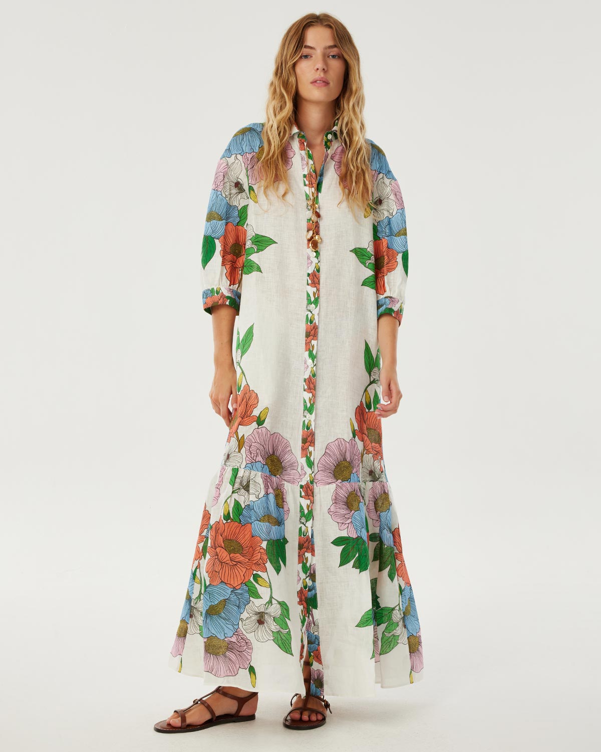 flowers of spain linen maxi dress MILLY Flowers Of Spain Linen Dress in Blue & White