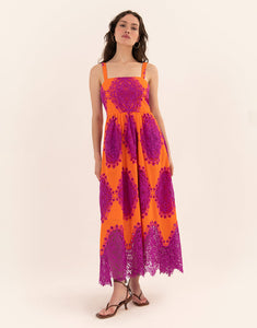 Ninet Lace Midi Dress - Orange/Fuchsia