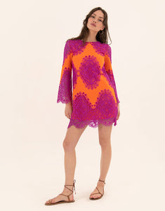 Stevie Lace Mini Dress - Orange/Fuchsia