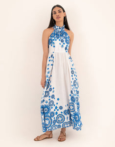 Stella Linen Maxi Dress - Space Flower Blue