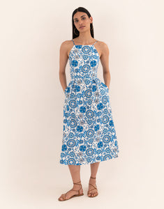 Goreti Cotton Midi Dress - Space Flower Blue
