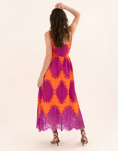Ninet Lace Midi Dress - Orange/Fuchsia