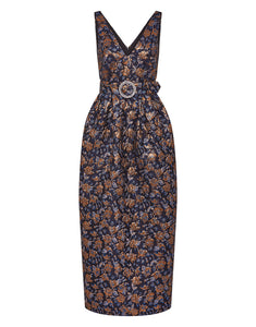 Jules Floral Jacquard Midi Dress - Navy/Gold