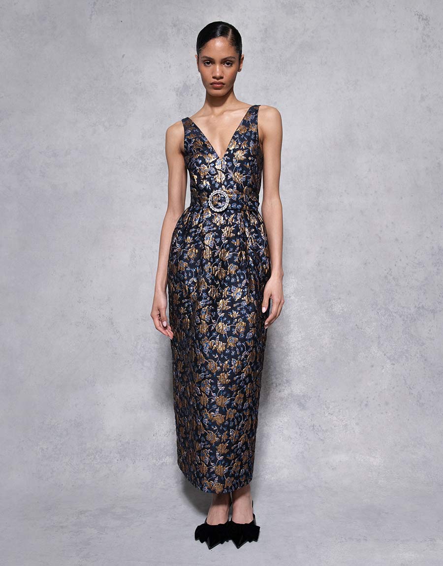 Jules Floral Jacquard Midi Dress - Navy/Gold - SALE Borgo de Nor Jules Floral Jacquard Midi Dress - Navy/Gold - SALE Borgo de Nor