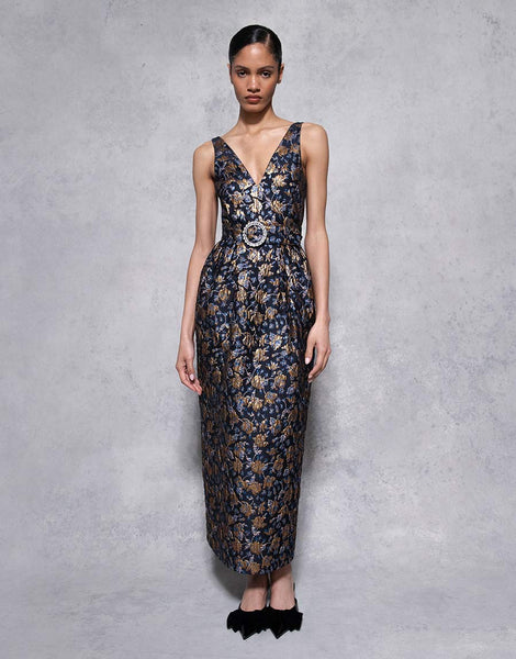 Jules Floral Jacquard Midi Dress - Navy/Gold - SALE – Borgo