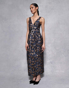 Jules Floral Jacquard Midi Dress - Navy/Gold