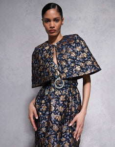 Merryn Floral Jacquard Cape - Navy/Gold