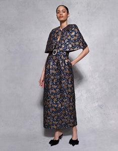 Merryn Floral Jacquard Cape - Navy/Gold