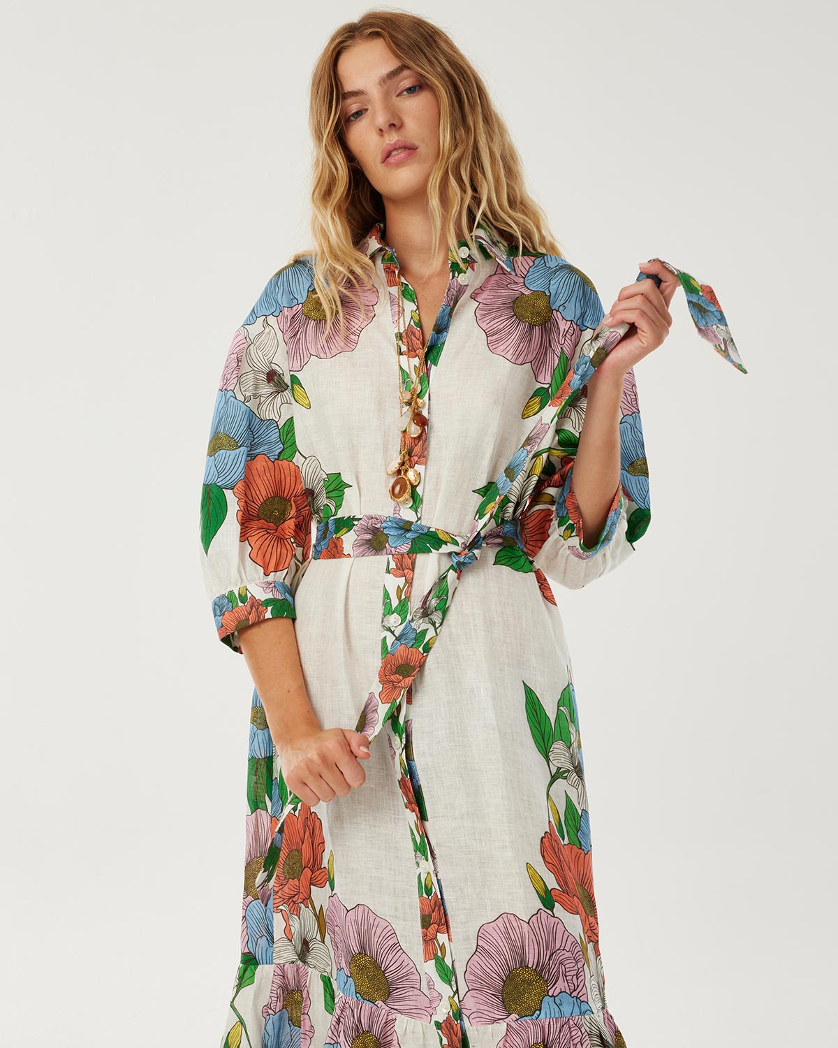 flowers of spain linen maxi dress Beige Linen Maxi Dress - Vintage Floral Fit and Flared 3053