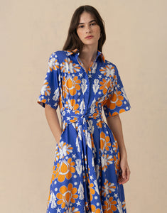 Posie Cotton Maxi Dress - Geo Flower Blue
