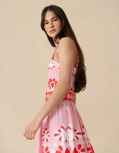 Ninet Cotton Midi Dress - Geo Flower Pink
