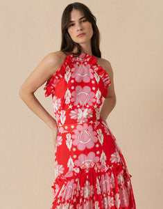 Tatiana Crepe Maxi Dress - Geo Flower Red