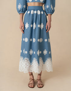 Rhea Denim Midi Skirt - Blue Lace