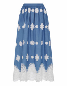 Rhea Denim Midi Skirt - Blue Lace