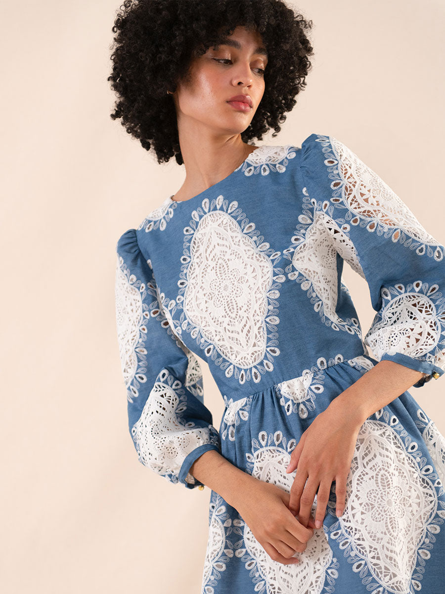 denim with lace dress Constance Broderie Anglaise Midi Model is wearing a Color:Azalea Multi springdrop5 Kennedy Blue Shades Of