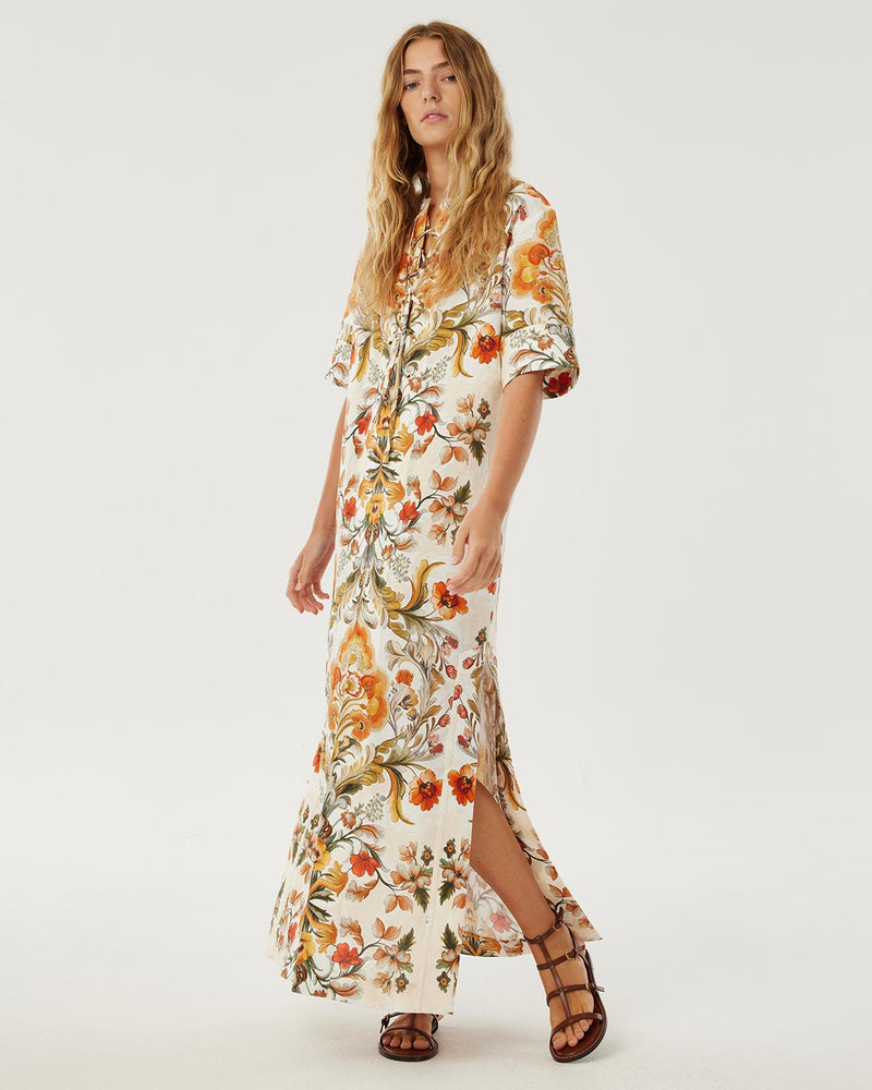 Calista Linen Dress - Sun Fire Garden - Cream media 1