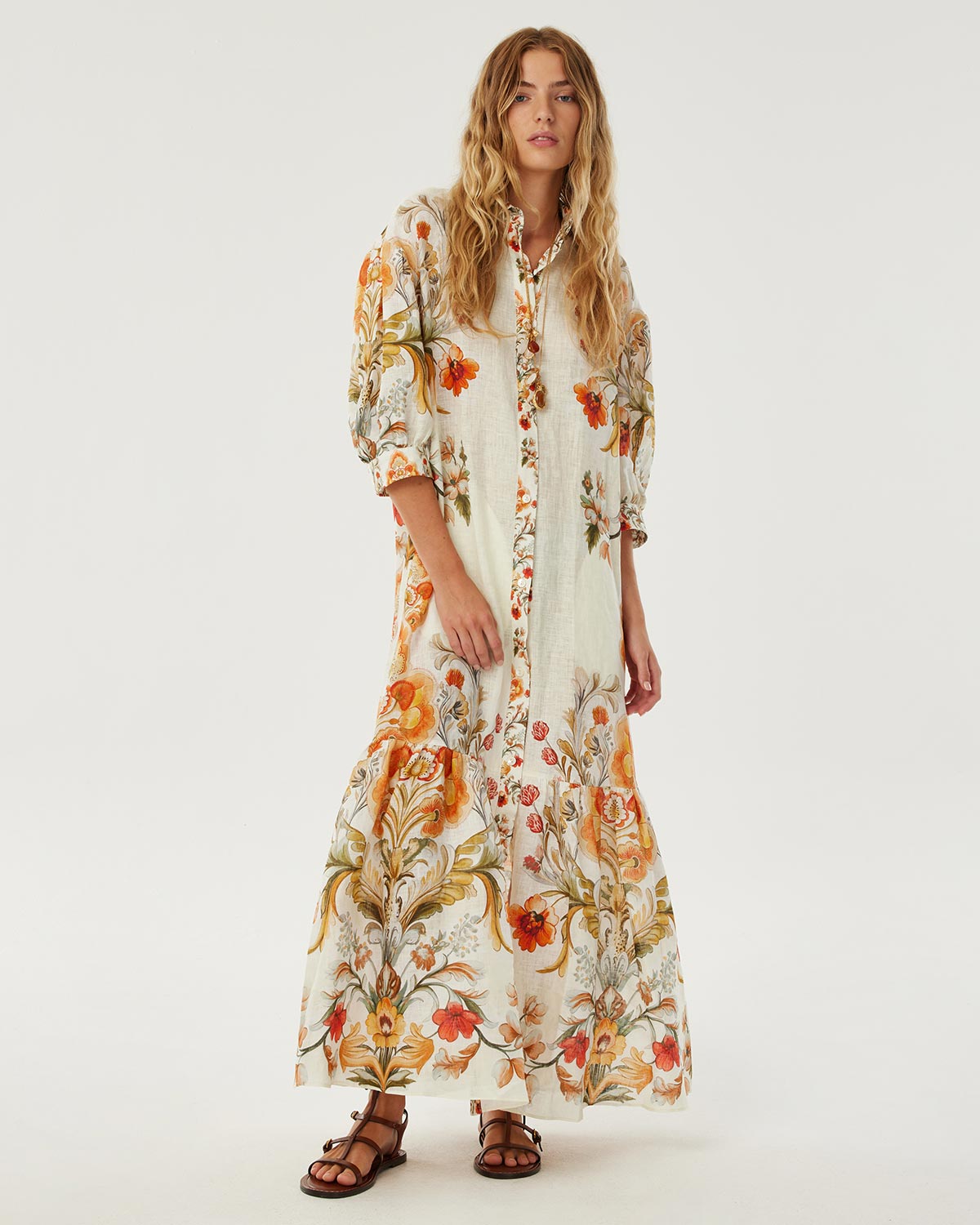 Bianca Linen Maxi Dress - Sun Fire Garden - Cream media 1