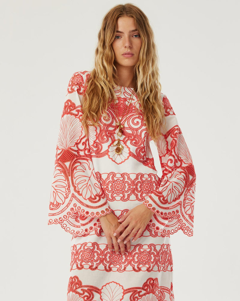Seraphina Lace Midi Dress - White & Coral media 1