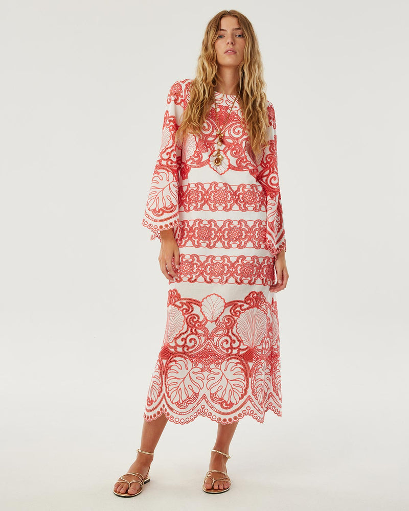 Seraphina Lace Midi Dress - White & Coral media 2