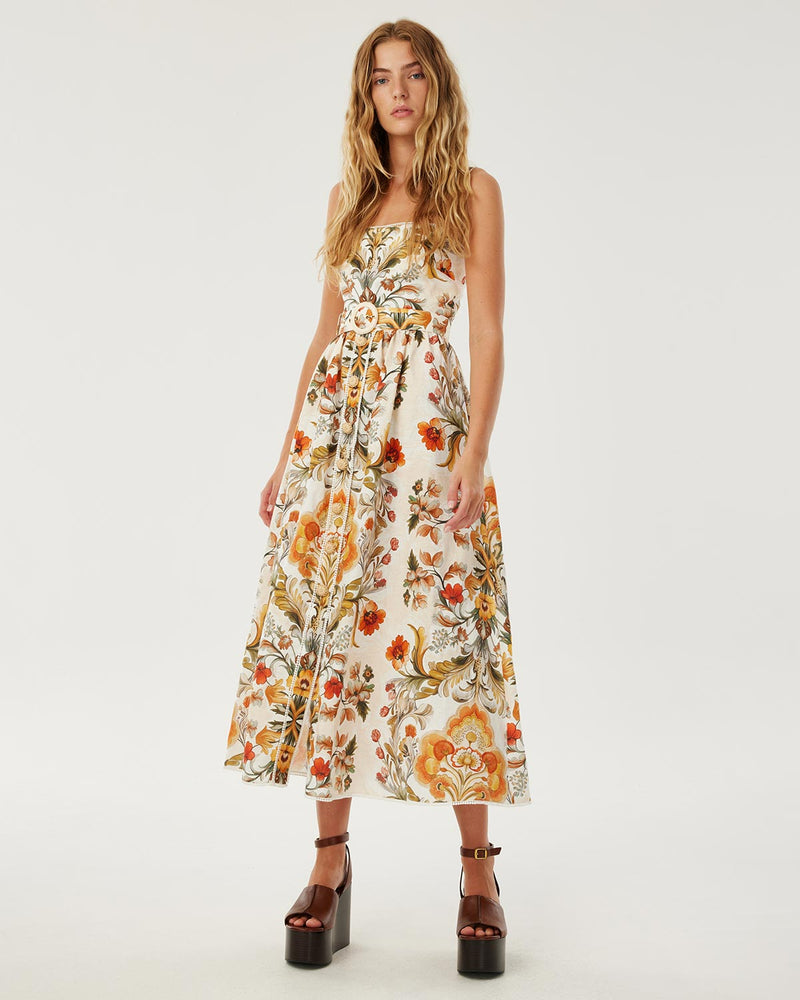 Petra Linen Midi Dress - Sun Fire Garden - Cream media 2