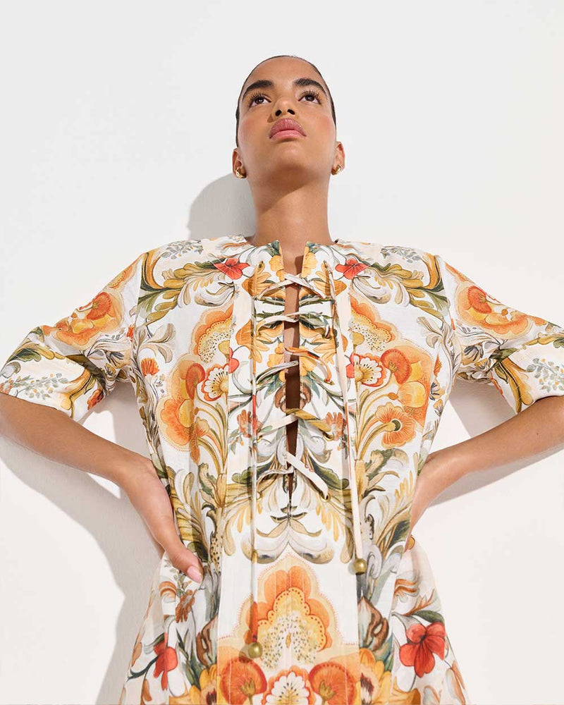 Calista Linen Dress - Sun Fire Garden - Cream media 5