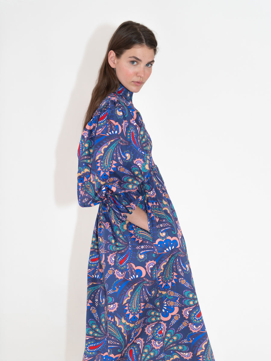 Catriona Cotton Shirred Midi Dress - Paisley Blue – Borgo de Nor