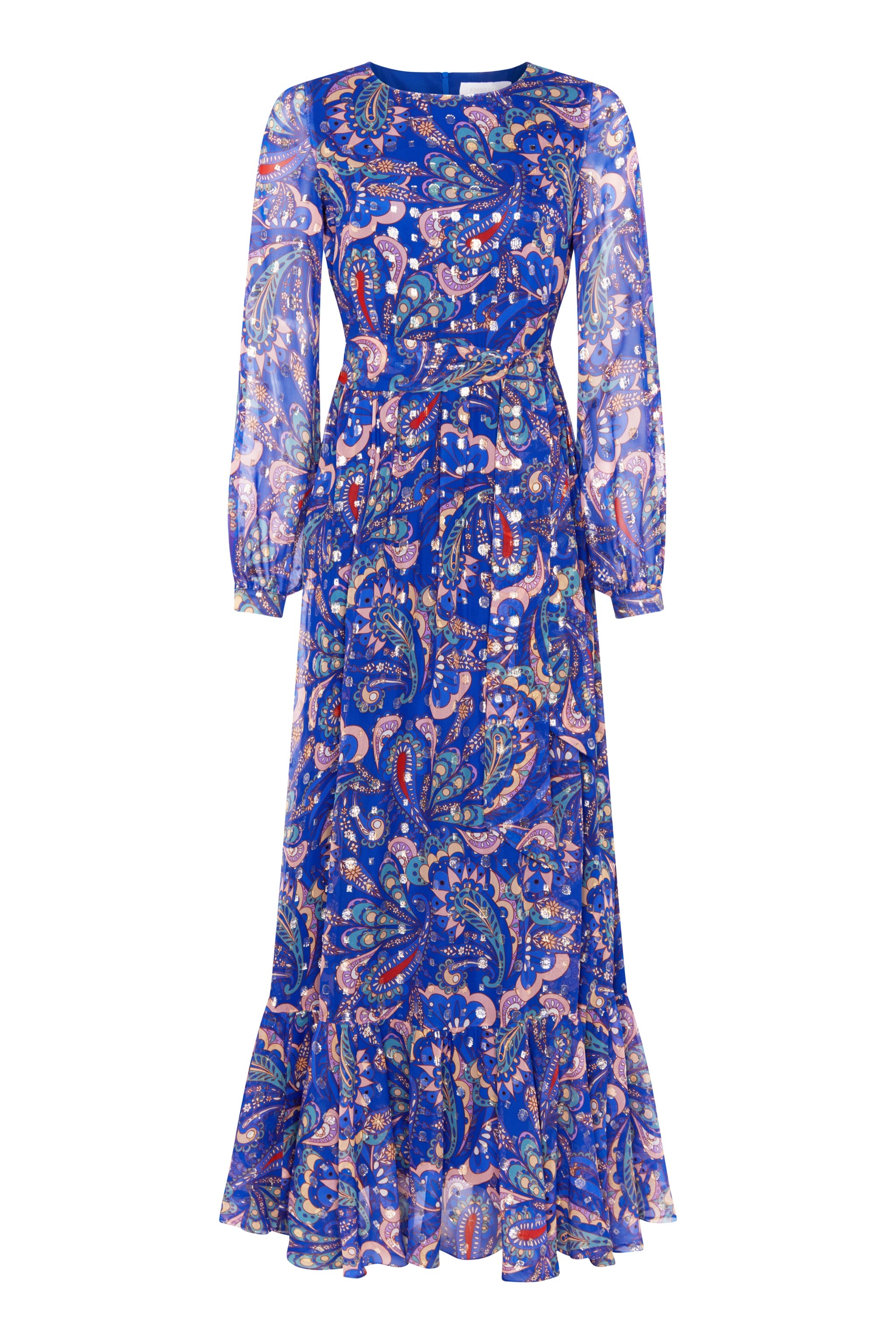 Spanish Sojourn White and Blue Paisley Tie-Strap Maxi Dress
