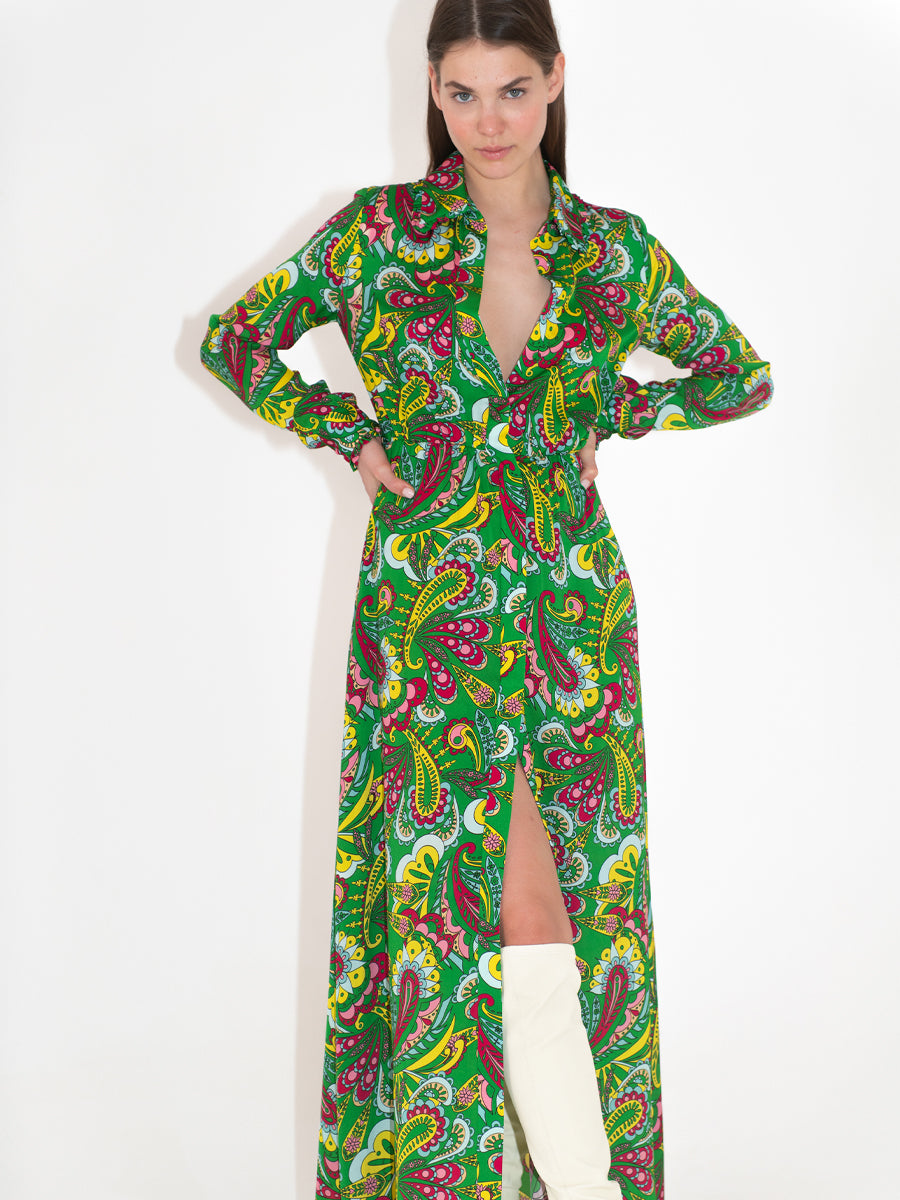 Jacqueline Crepe Shirt Dress – - de Nor Borgo Green Paisley Maxi